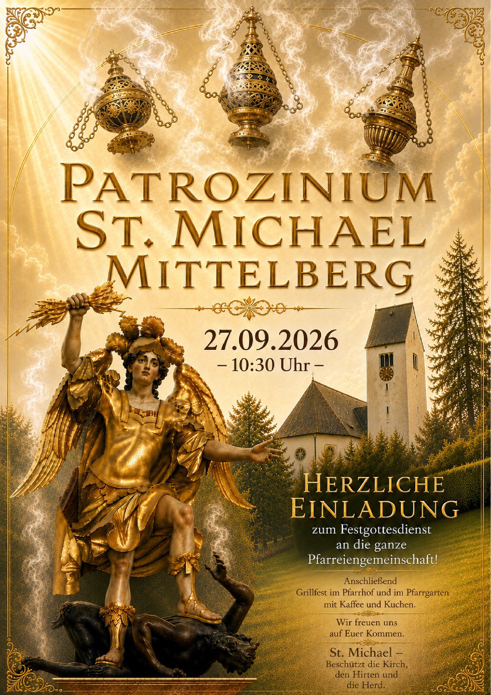 Patrozinium St. Michael Mittelberg. 27.09.2026, 10:30 Uhr. Herzliche Einladung zum Festgottesdienst an die ganze Pfarreiengemeinschaft! Anschließend Grillfest im Pfarrhof und im Pfarrgarten mit Kaffee und Kuchen. Wir freuen uns auf Euer Kommen. St. Michael - Beschützt die Kirch, den Hirten und die Herd.